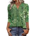 thumbnail image 3 of Boho Print Blouse for Women, V-Neck 3/4 Sleeve Tunic Top with Button Detail - Loose Fit Bohemian Casual Shirt for Fall & Winter Green S, 3 of 7