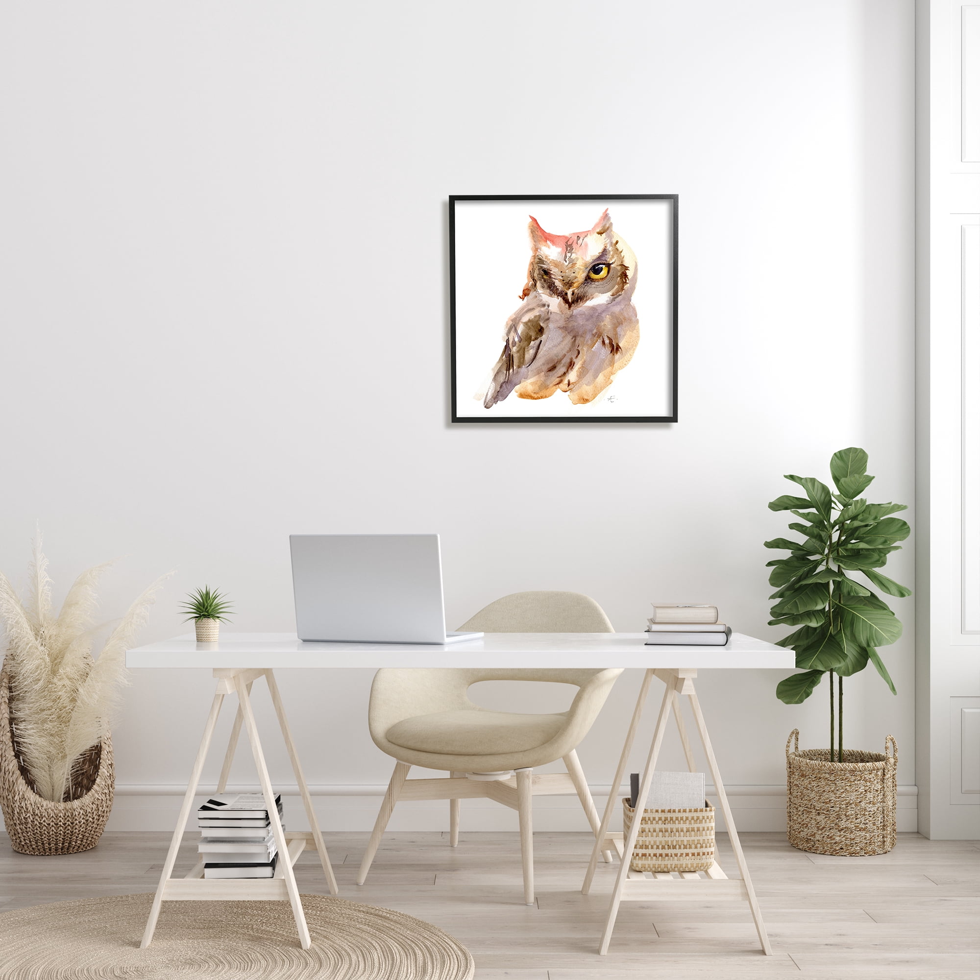 Stupell Industries Brown Horned Owl Eye Wink Minimal Bird Animals & Insects Painting Black Framed Art Print Wall Art, 24 x 24