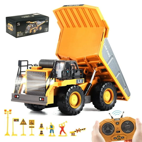 Petbank RC Dump Truck Toy, 9-Channel Remote Control Toy with Metal Bed & Light/Sound, Rechargeable 2 Batteries, Kids Construction Vehicle Truck Toys for 3+ Boys