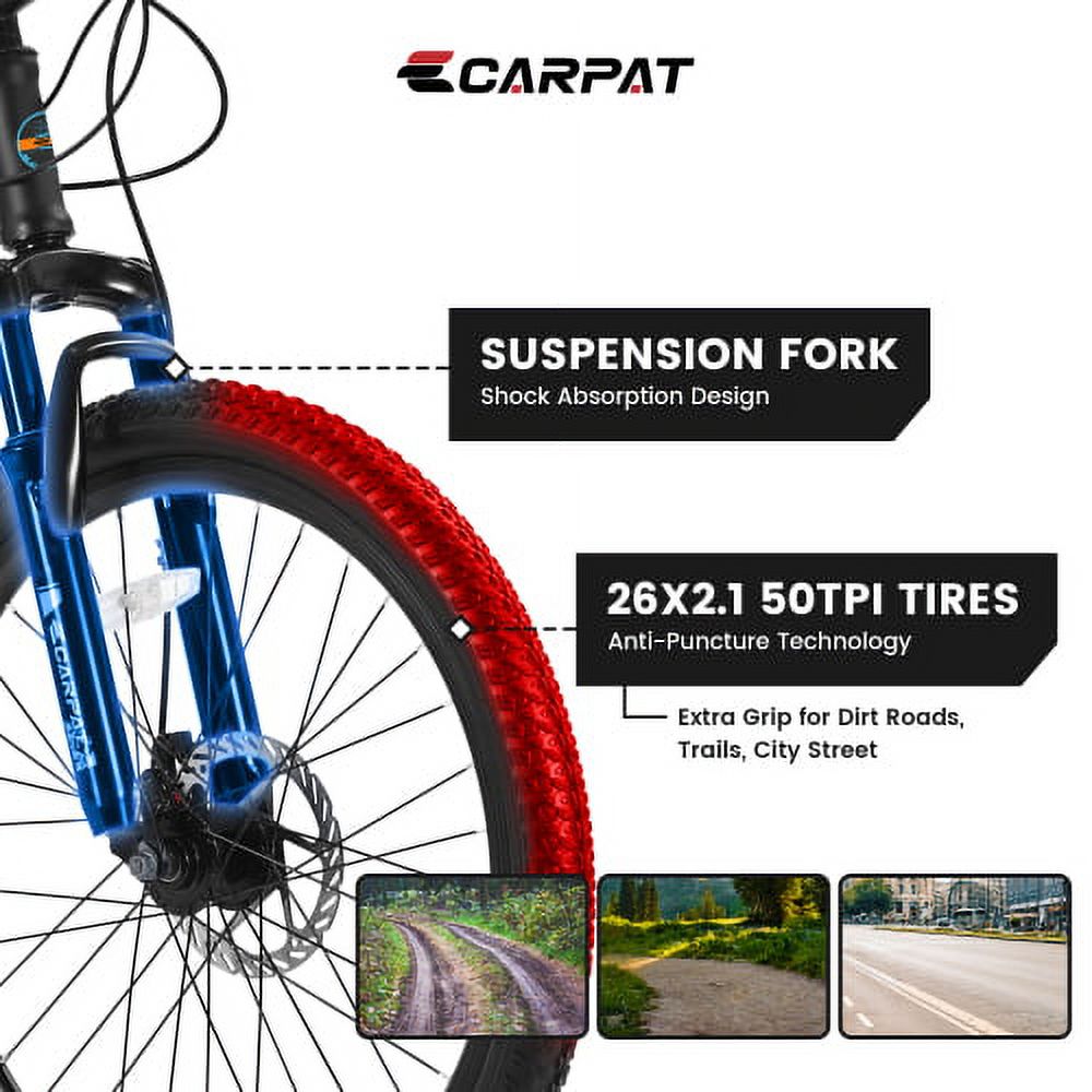 SUWU 24/26 Inches Wheels Mountain Bike High Carbon Steel Mountain Bicycles for Adults All-Terrain Tires 21-Speed MTB Suspension Fork Dual Disc Brakes for Womens Mens