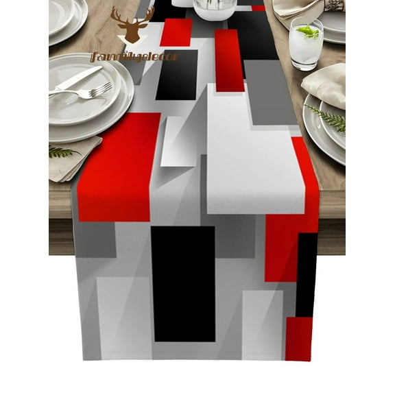 Geometric Figure Red Black Gray Solid Abstract Table Runner Home Wedding Table Mat Centerpieces Decoration Dining Tablecloth