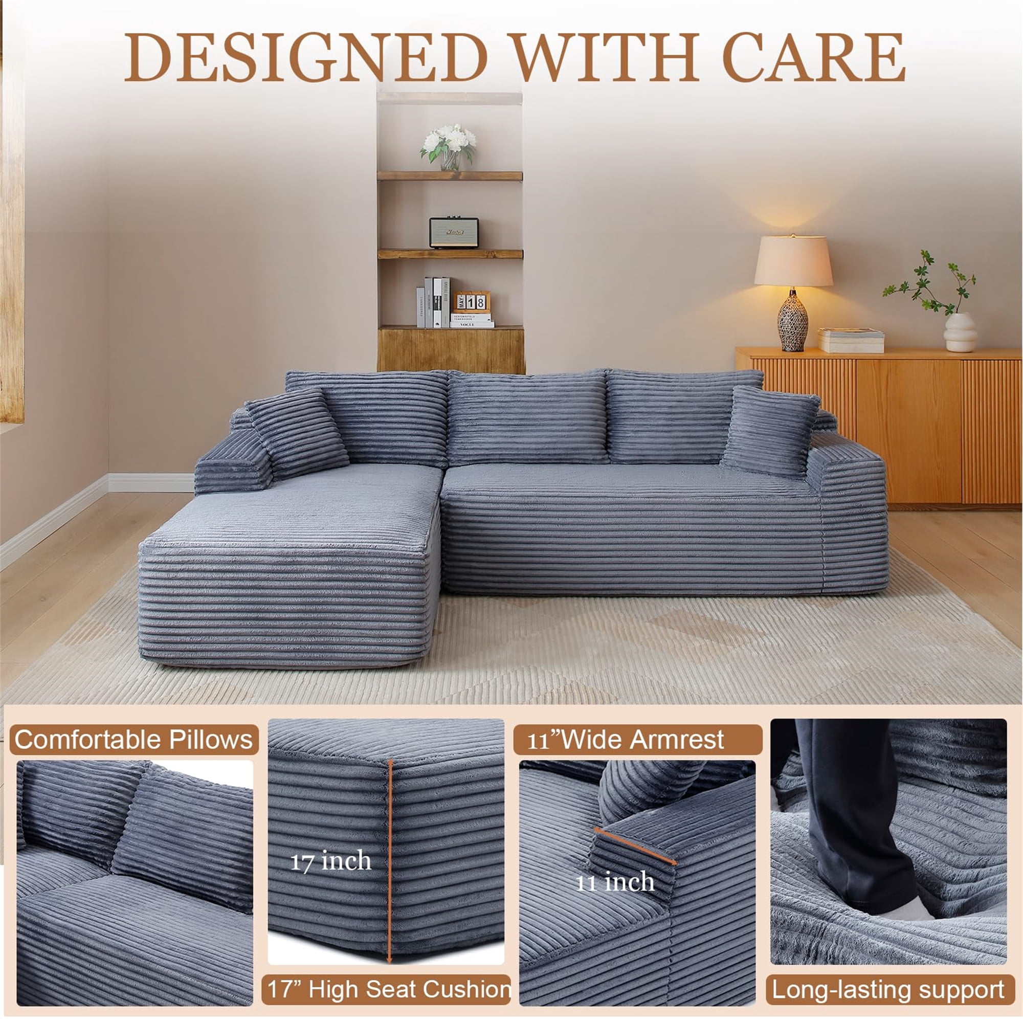Aukfa 105" Cloud Sectional Sofa Boneless Couch Modular Sofa Bed for Living Room, 2Pillows, Left Chiase, Corduroy, Gray