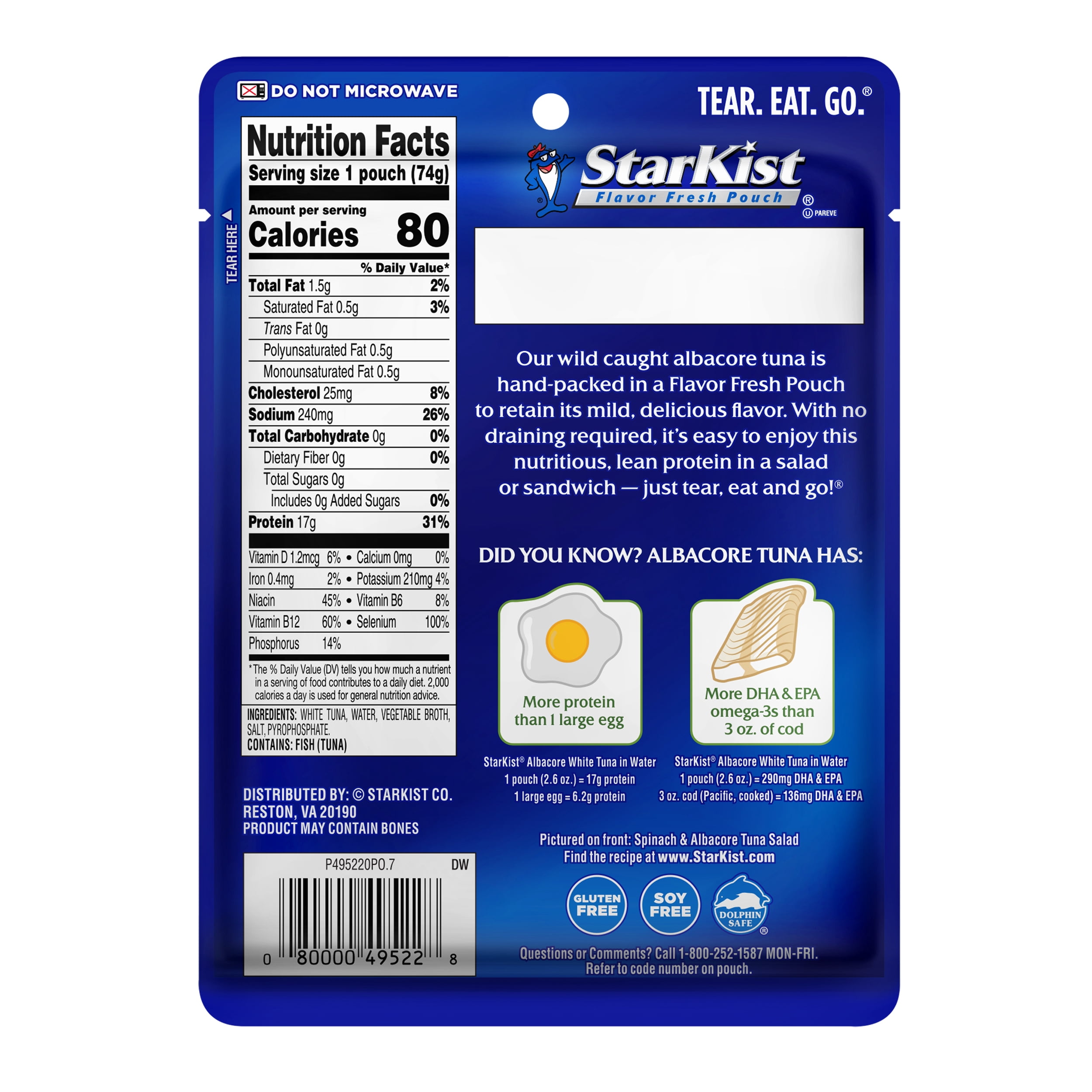 (6 pack) StarKist Albacore White Tuna in Water, 2.6 oz Pouch