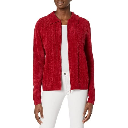Alfred Dunner Petite Womens Chenille Cardigan Sweater Large Red