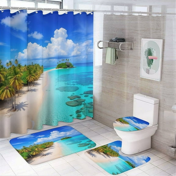 Tropical Beach Paradise Shower Curtain Sets Non-Slip Rugs Bath Mat Toilet Cover U Shaped Mat 4 Pcs