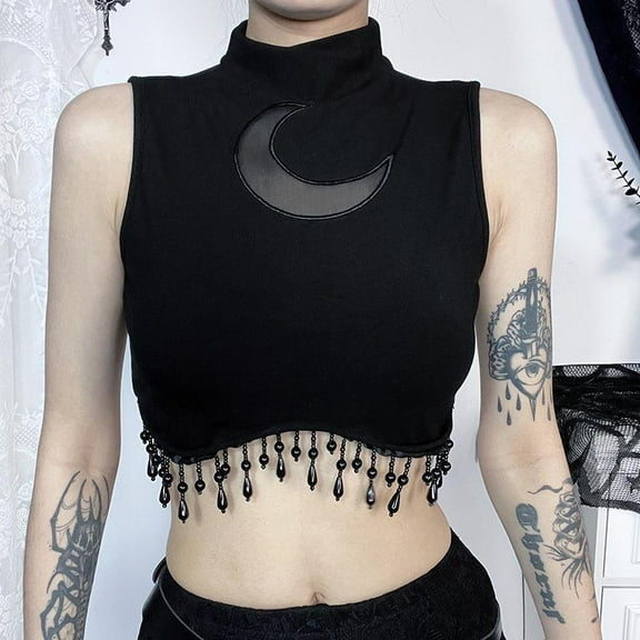 Goth Cyber Y2K Skinny Turtleneck Tank Top Sexy Moon Chain Tassel Sleeveless Crop Tops Gothic Women Punk Streetwear Alt Vest
