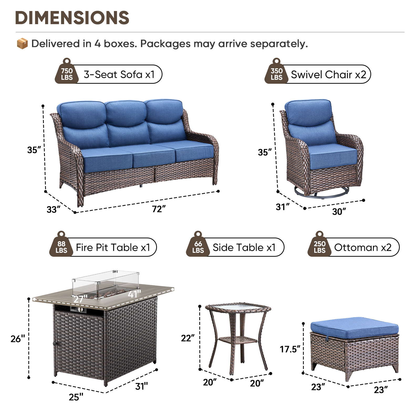 Planntonneo 7pcs Patio Furniture Set with Fire Pit Table, Rattan Sofa with Swivel Chairs, Ottomans, Side Table and 41" Propane Fire Table Rectangular, 6inch Thickened Blue Cushions, Brown Wicker