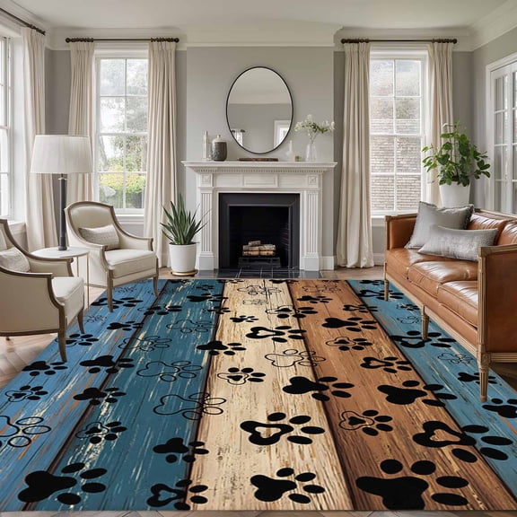 8x10 Area Rugs for Living Room, Navy Blue Brown Non Slip Area Rugs for Kitchen Bedroom Entryway, Farmhouse Dog Paws Vintage Wooden Washable Carpet Runner Rug Floor Mats for Bedroom Home Decor