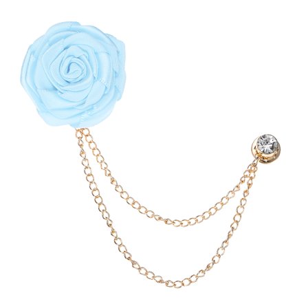 Uxcell Rose Flower Brooch Pin for Men Suit, Flower Lapel Pin with Gold Badge Tassel Chain Brooches for Wedding[Light Blue]