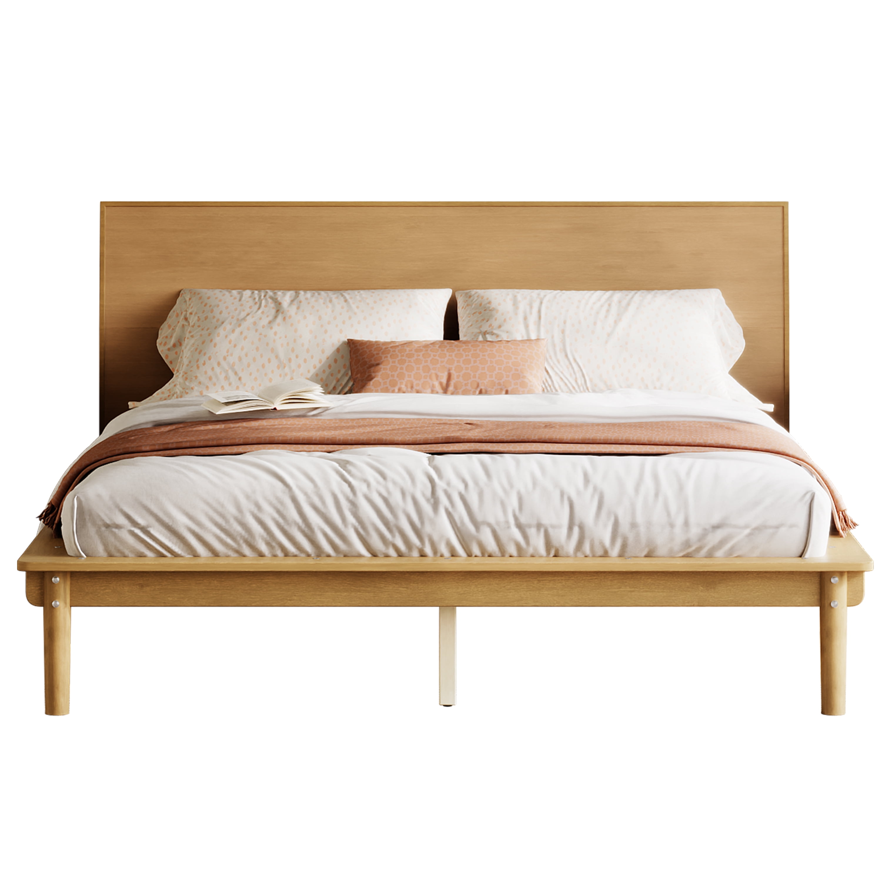 Euroco Wood Mid-Century Queen Bed, Low Profile Platform Bed Frame with Subtly Angled Headboard, Widened Side Rails, No Box Spring Needed, Natural