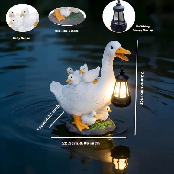 Solar Duck Garden Statue With Lantern, Resin Goose Family Figurine LED Light Waterproof Outdoor Home Decor For Patio, Lawn, Pond