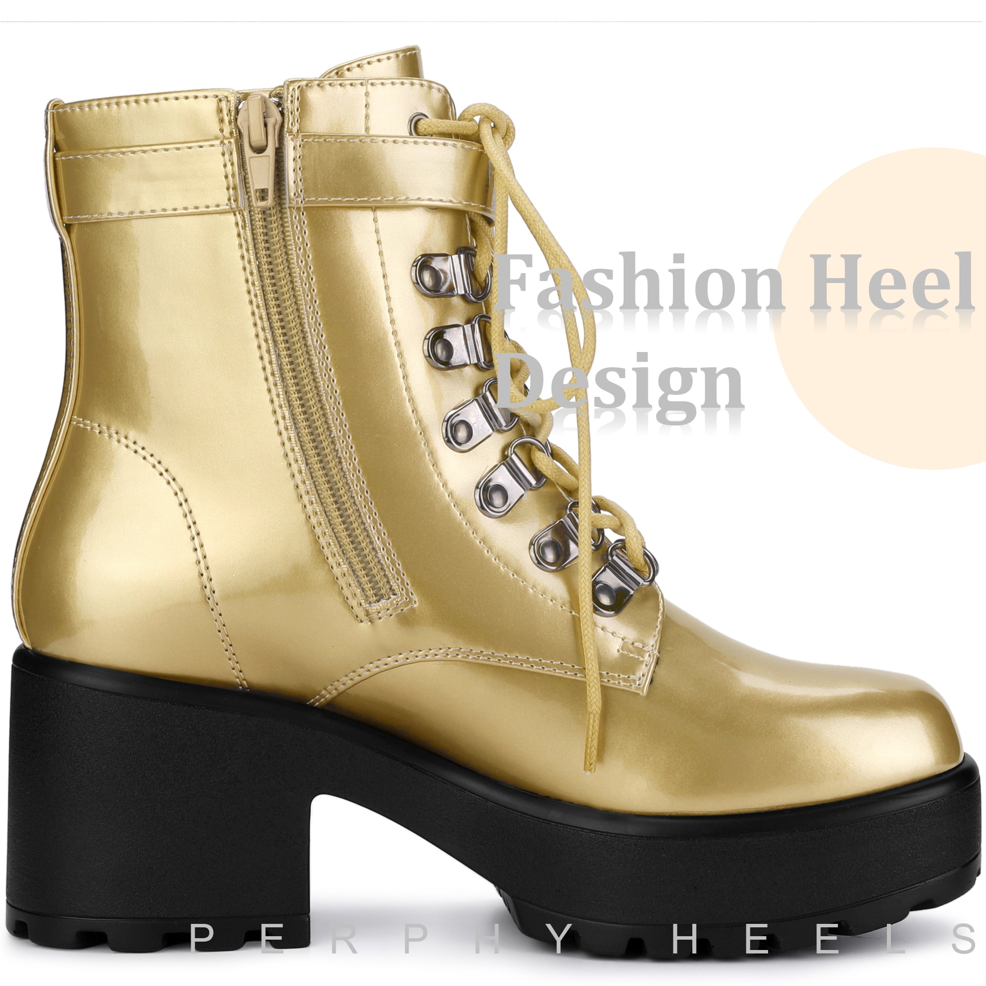 DARING DIVA Stylish Round Toe Platform Chunky Heels Combat Boots Gold 9