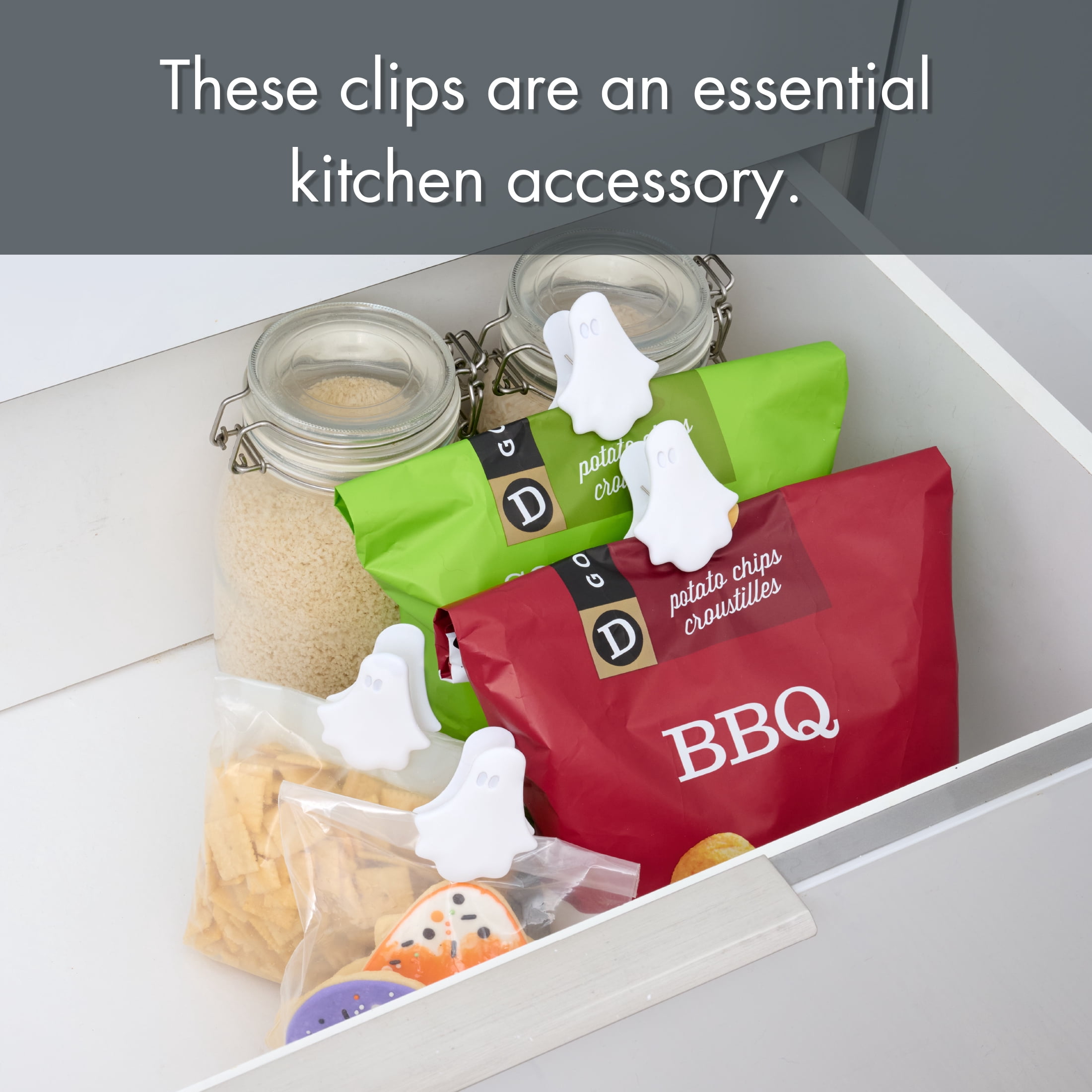 Way To Celebrate 4-Piece Ghost Bag Clips, White, Halloween Kitchen Accessories