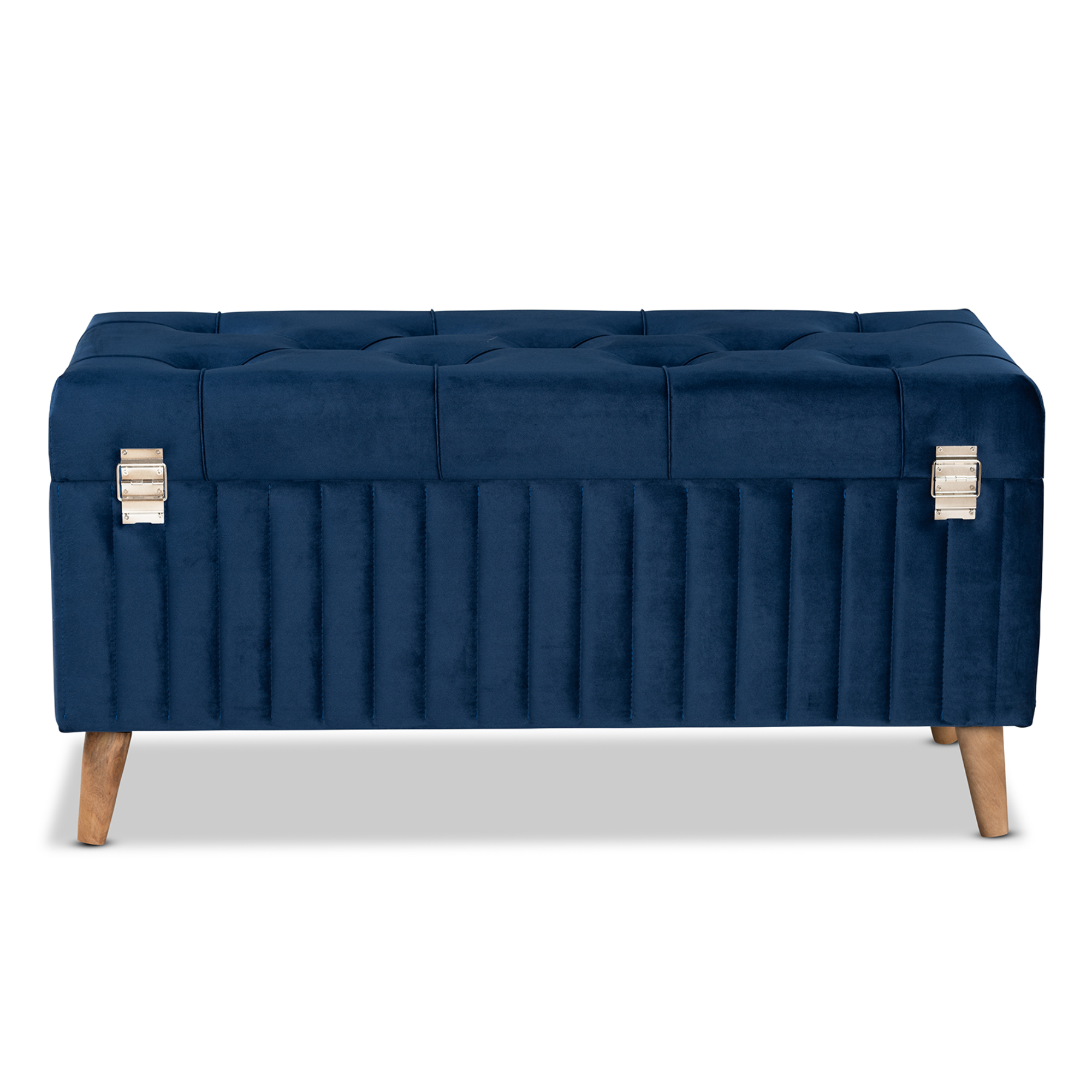 Baxton Studio Hanley Modern and Contemporary Navy Blue Velvet Fabric Upholstered and Walnut Brown Finished Wood Storage Ottoman
