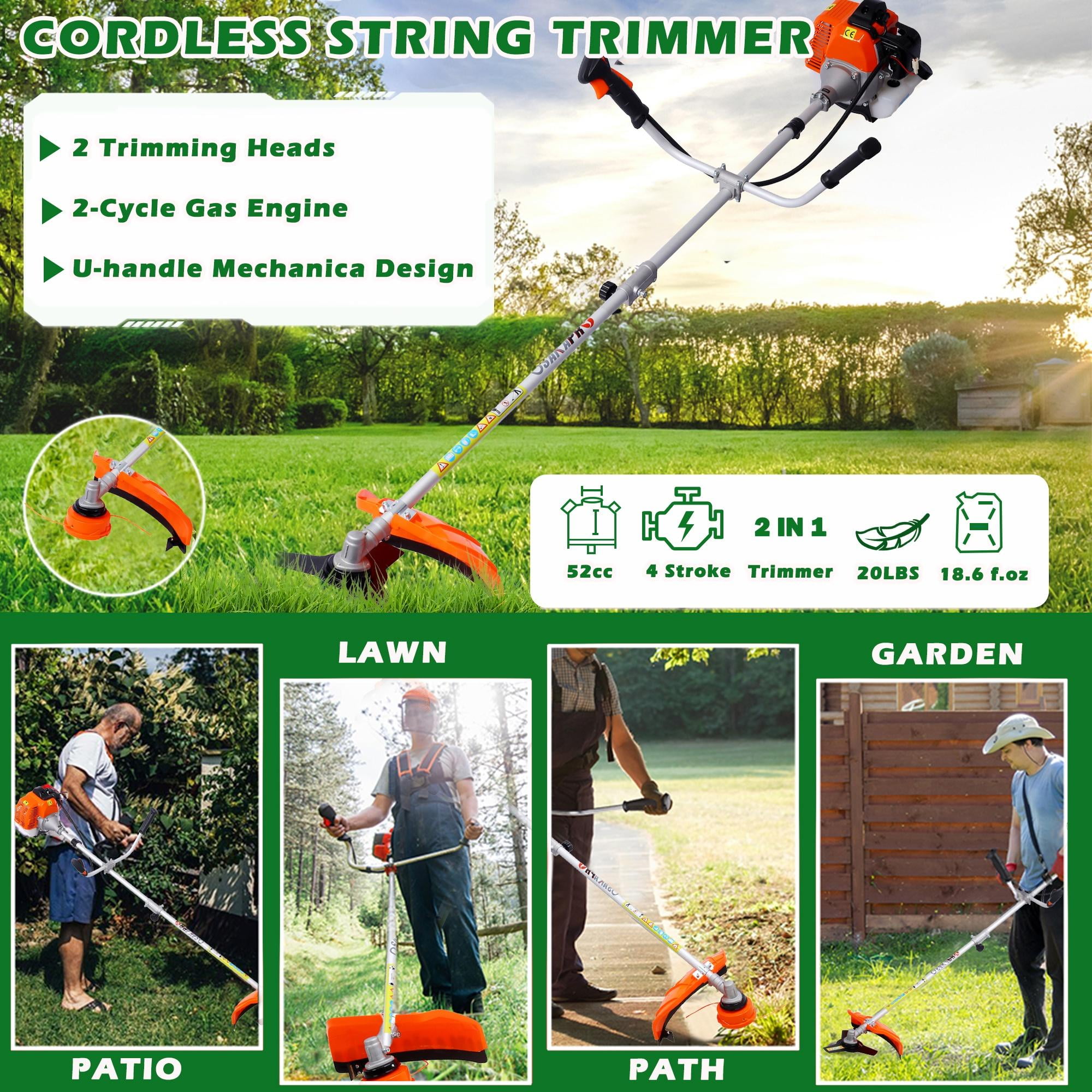 Seizeen Weed Wacker Gas Powered, 52cc Powerful Weed Eater Cordless, 18" String Trimmer with 10" Brush Cutter, Full-Crank 2-cycle Engine, Double Handle, Shoulder Strap