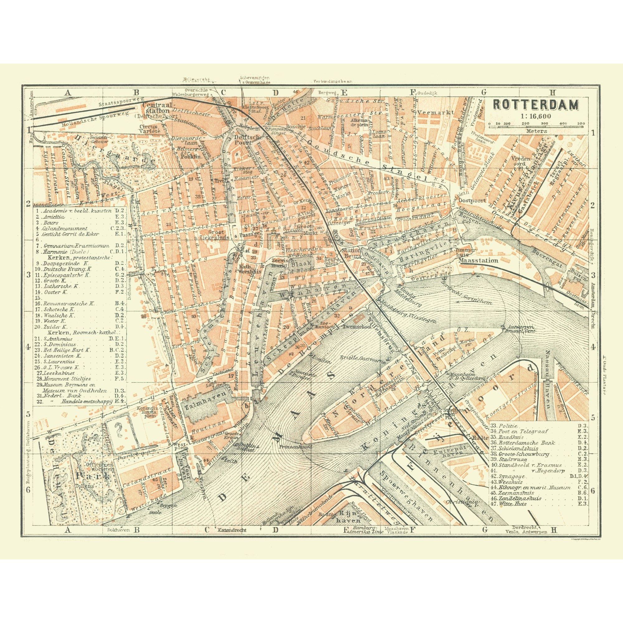 Historic Map - Rotterdam Netherlands - Baedeker 1910 - Vintage Wall Art