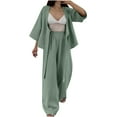 thumbnail image 2 of TrendVibe365 Outfit Sets for Women Summer Solid Color Cardigan Belts Crewneck 3/4 Sleeve Shirts and Wide Leg Long Pants Fashion Vacation Pajamas Lounge Set Loungewear Summer Outfits, 2 of 6