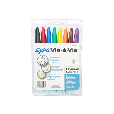 EXPO Vis-a-Vis Wet Erase Marker Set, Fine Tip, Assorted Colors, 8