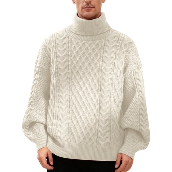 Men's Turtleneck Cable Knit Sweater Long Sleeve Chunky Casual Pullover Top
