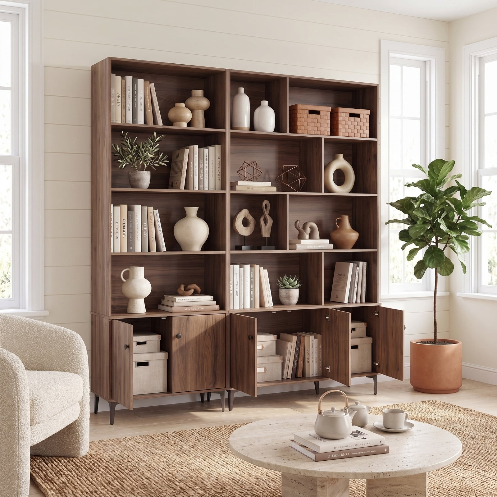 Furnibear Giantex Bookshelf with Doors and 2 Anti-Tipping Kits for Home Office for Living Room Home Office Bedroom Display Storage Shelf, Walnut