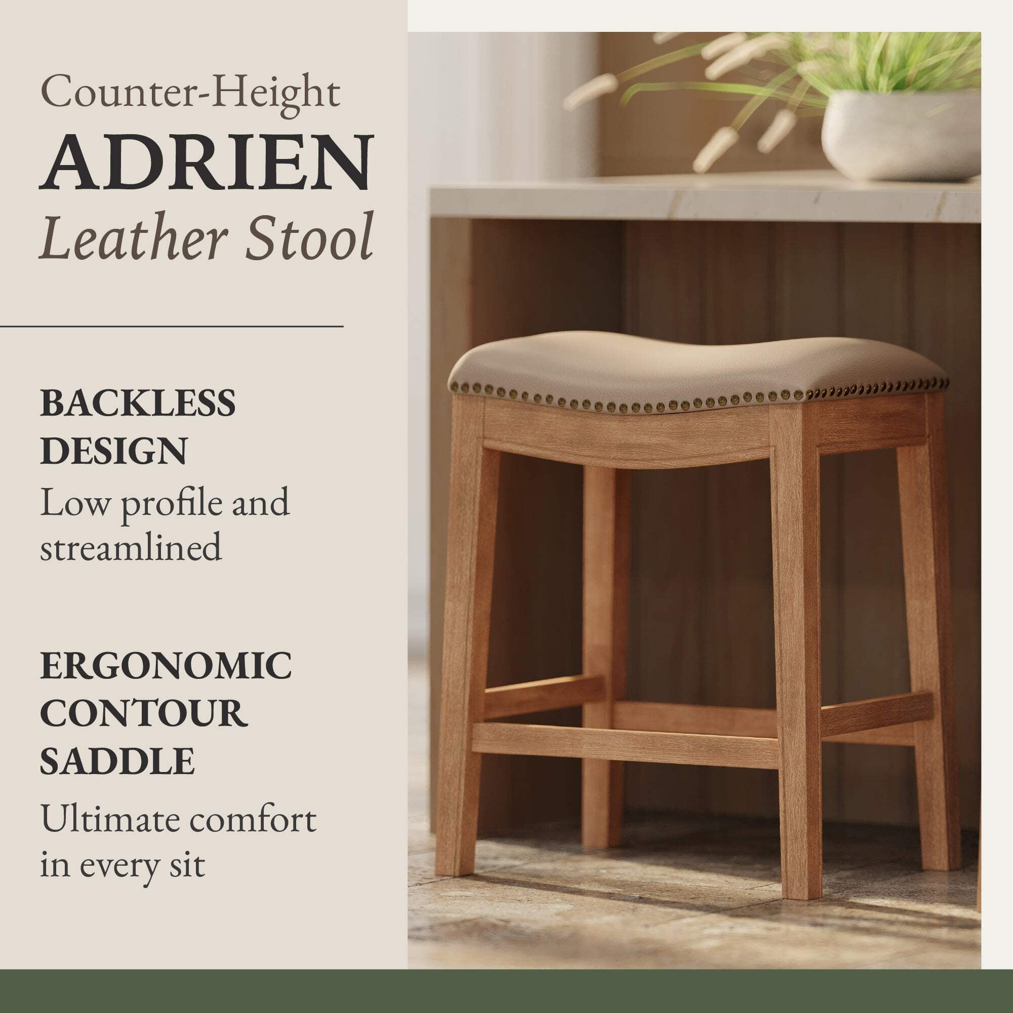 Maven Lane Adrien Solid Wood Backless Saddle Kitchen Counter Stool