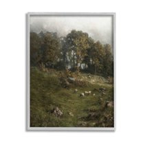 Classic Farm Field Grazing Animals Landscape Painting Gray Framed Art Print Wall Art