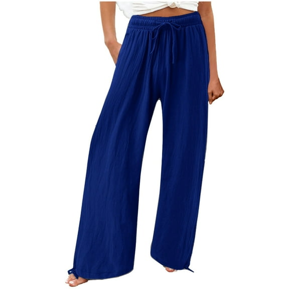 MNCEKFOD Womens Jeans Flowy Wide Leg Culottes with Pockets Drawstring Elastic Waist Loose Classic Fit Trousers for women 2025 Blue L