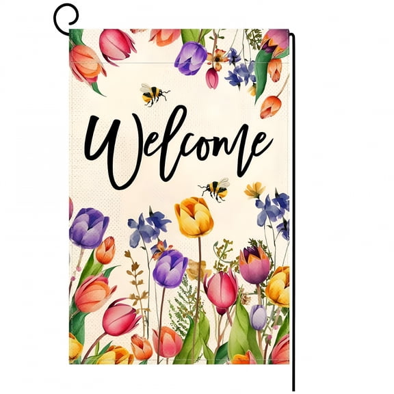 AUQ Spring Summer Welcome Garden Flag Double Colorful Floral Small Burlap Yard House Seasonal Farmhouse Outside Outdoor Decoration 12 X 18 Inch