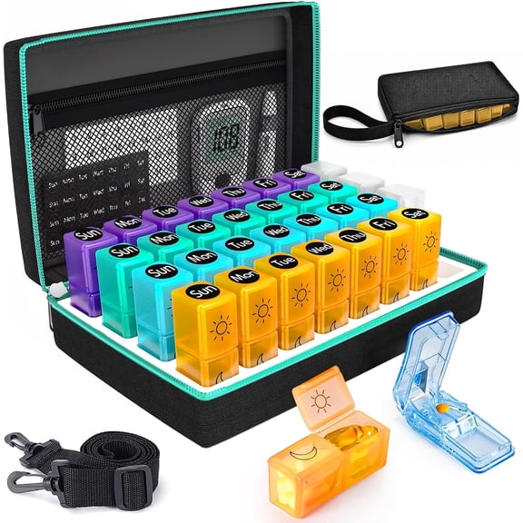 Monthly Pill Organizer 2 Times a Day, 2-in-1 Pill Case for Home & Travel