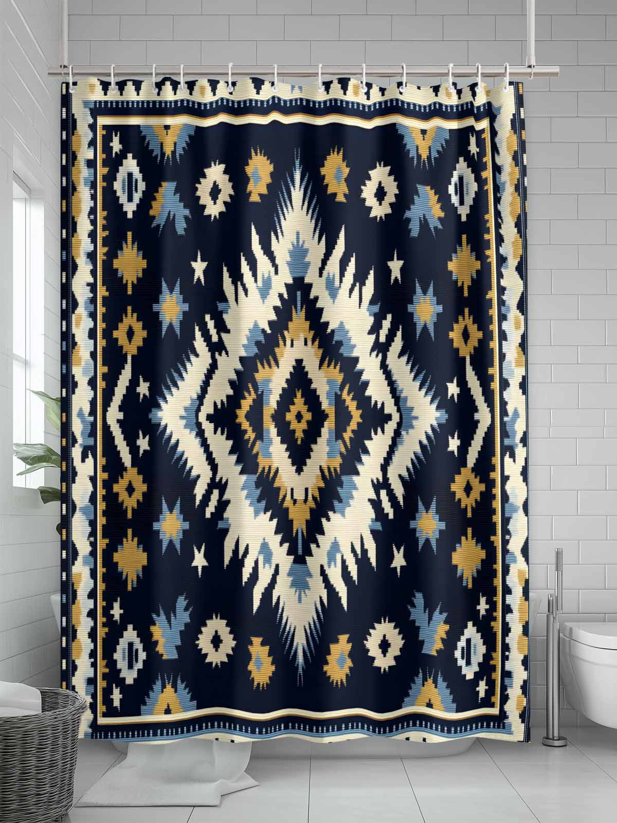 Boho Navy Blue Shower Curtain Set, Waterproof Shower Curtains for Bathroom, Ethnic Geometric Southwestern Retro Washable Fabric Cloth Bath Curtain for Bathtub Decoration with Hooks 72x78 Inches