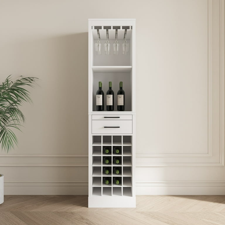 PORKISS Solid Wood Wine Bar Cabinet with Storage Shelves, Modern