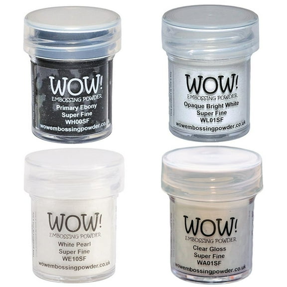 Wow! Embossing Powder Black AIF9 and White Bundle: Primary Ebony, Opaque Bright White, White Pearl, Clear Gloss, 15ML