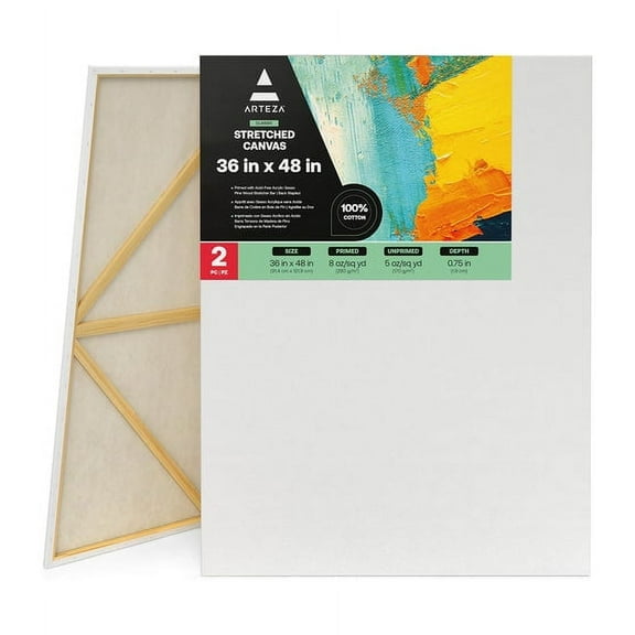 Arteza Stretched Canvas Value Pack, 36" x 48", Blank Canvas Boards for Painting - 2 Pack