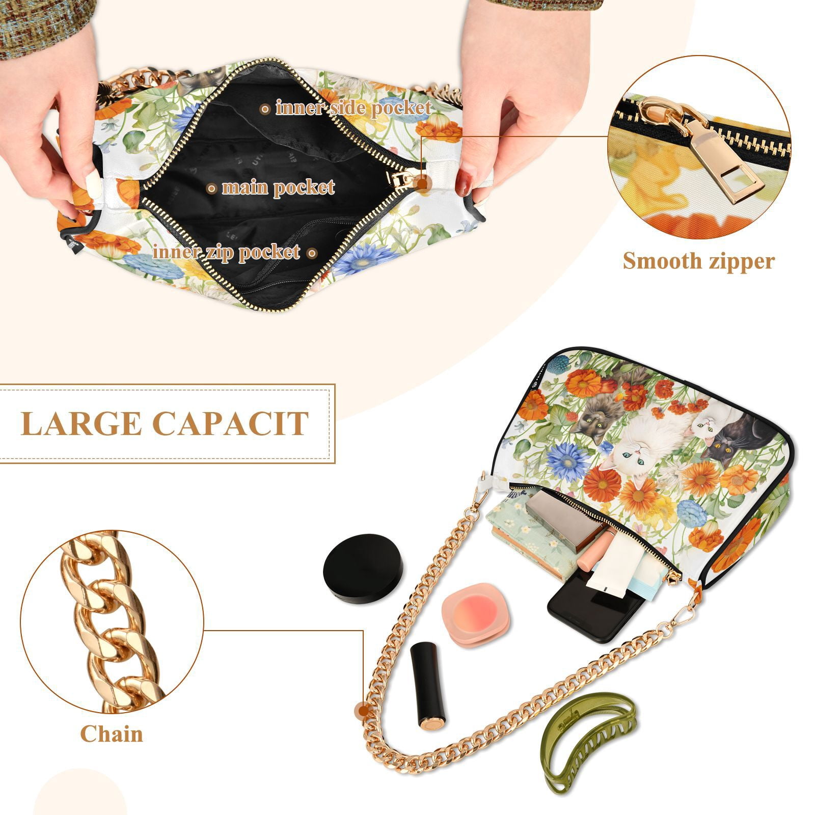 Cats Around Flowers LeavesWomen Small Shoulder Bag Crossbody Tote Hobo Bags Purse Clutch Handbags with Chain Strap for Women