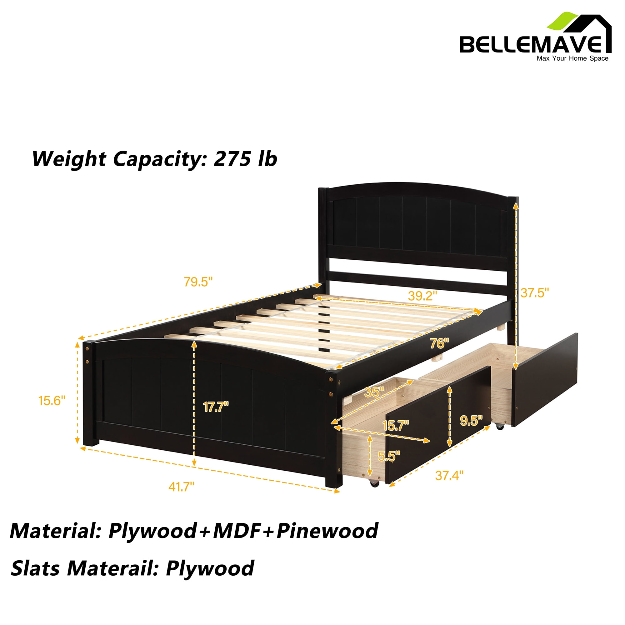 Twin Platform Bed Frame with Storage Drawer, Twin Bed Frames with Headboard and Slats, Twin Size Platform Bed Frame(Espresso)