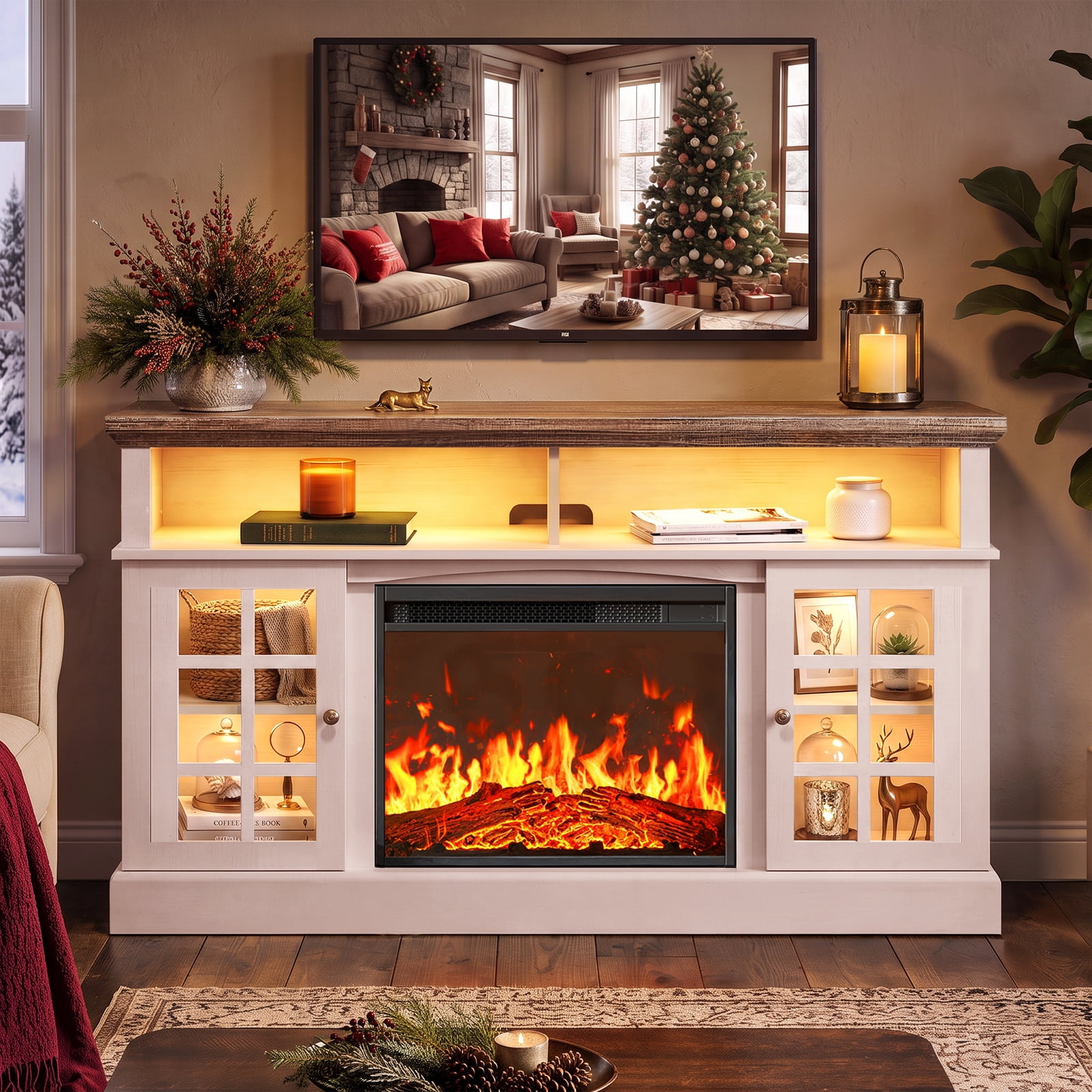 CHITOOMA Fireplace TV Stand with LED Light for up to 70 inch TV, 5100 BTU Electric Fireplace Entertainment Center for Living Room, White