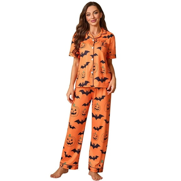 ASKETAM Halloween Pajama Set for Women - Soft Long Sleeve Pants Sleepwear Bat Pumpkin (L)