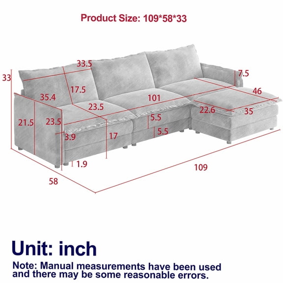 JERFIT Modern L-Shaped Corduroy Sectional Sofa with Ottoman, Large 4-Seater Cloud Couch for Living Room, Deep Seat Upholstered Couch Set in Grey