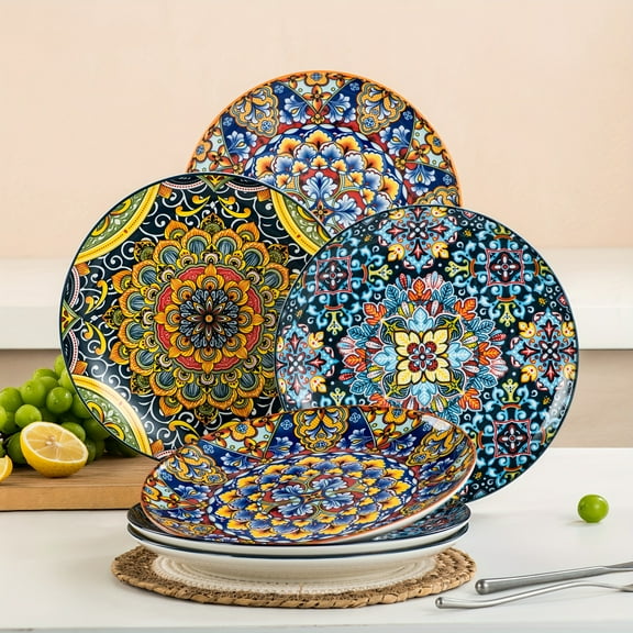 Set Of 6 SIMI Flat Dinner Plates Bohemian Style Made Of Porcelain, Crockery Breakfast Plate Set, Dishwasher And Microwave Safe, Handmade