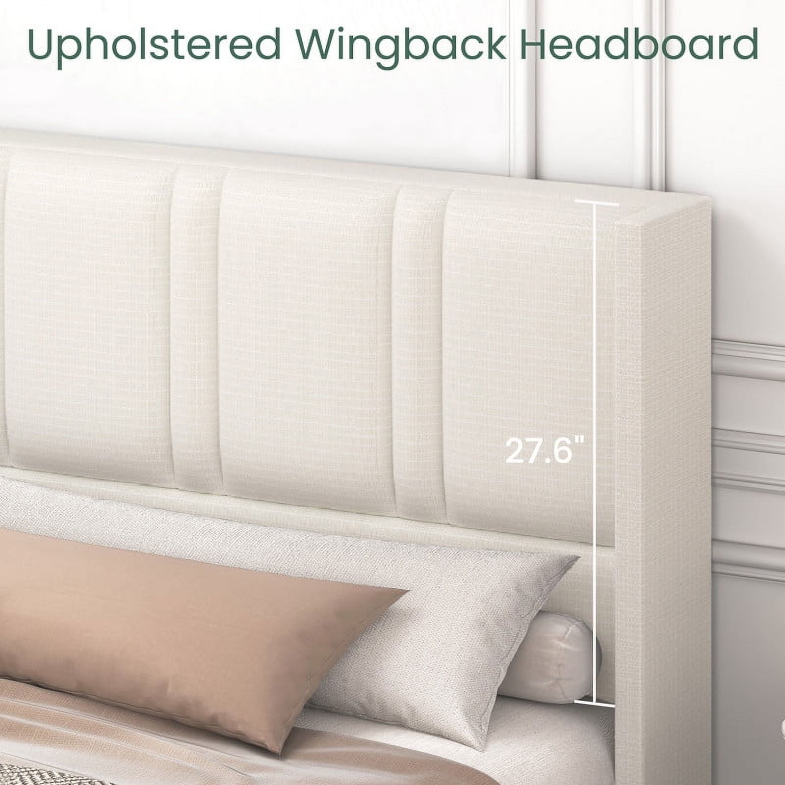 Breltam King Size Upholstered Platform Bed Frame with 4 Storage Drawers and Vertical Linen Wingback Channel Tufted Headboard