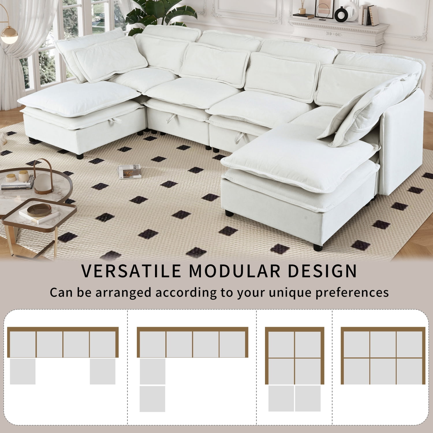 Harper & Bright Designs Modern Modular Corner Sofa Sectional with 2 Storage Ottomans, Free Combination L-Shaped Couch Set with Double-Layer Cushion for Living Room, Beige