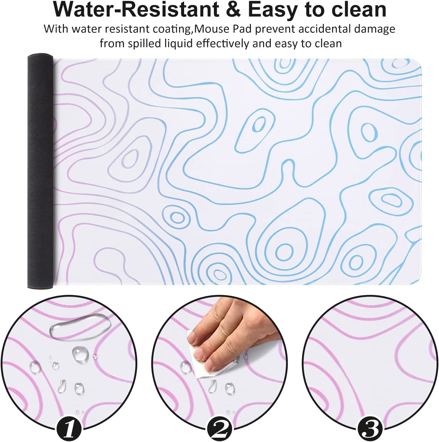 Large Gaming Mouse Pad, Non-Slip Rubber Base Water-Resistant Mousepad Desk Mat for Computer Keyboard, 35.4" x 15.75" Extended Desk Pad with Stitched Edges for Office Gaming, Contour Line-White