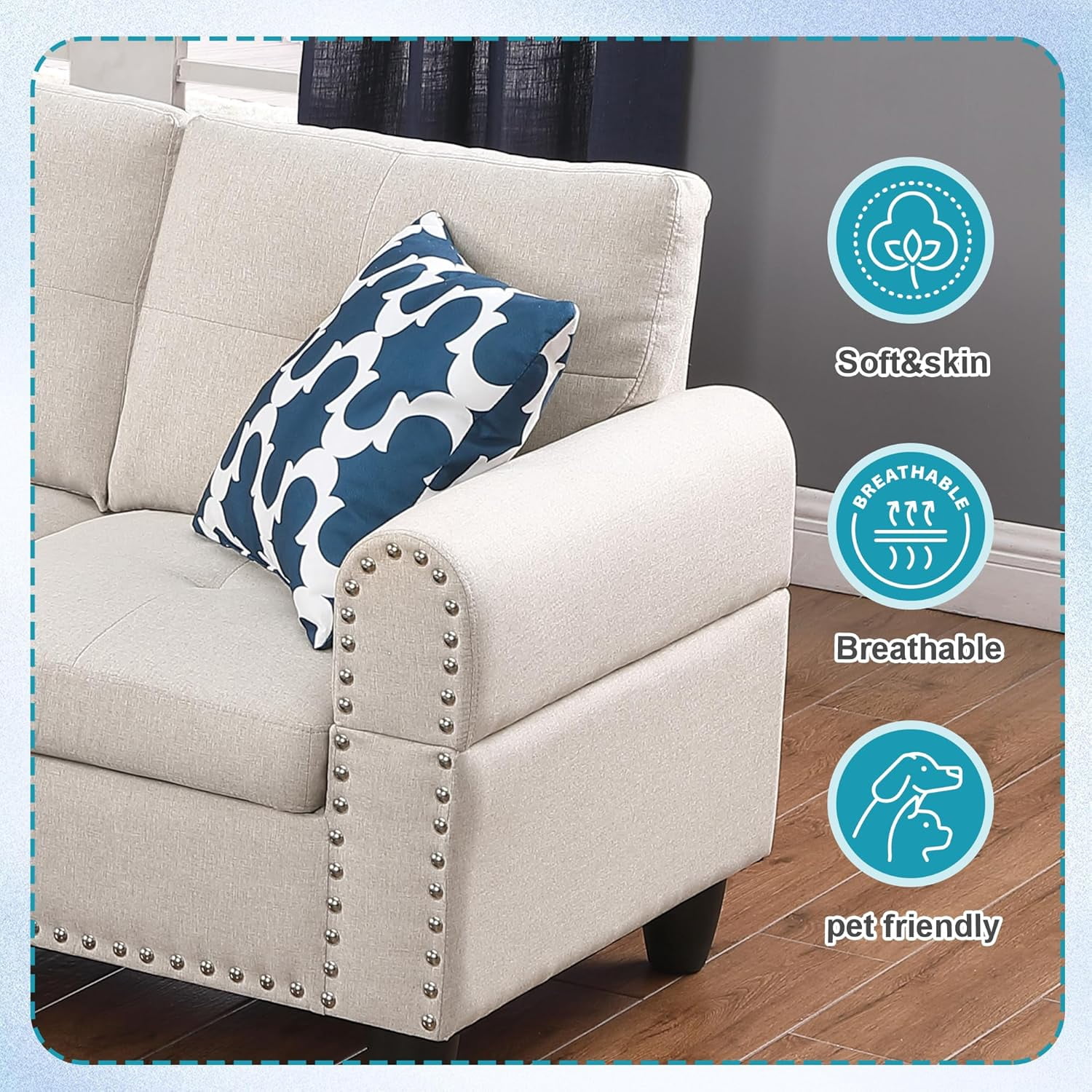 AENKYO 98" L-Shaped Sectional Sofa with Reversible Chaise, Storage Ottoman & Cup Holders, Faux Leather, Beige