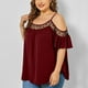 thumbnail image 5 of Camiseta de talla grande para mujer Summmer asimétrica de encaje con retazos cuello redondo manga corta informal con hombros descubiertos Fridja  bn7103, 5 of 9