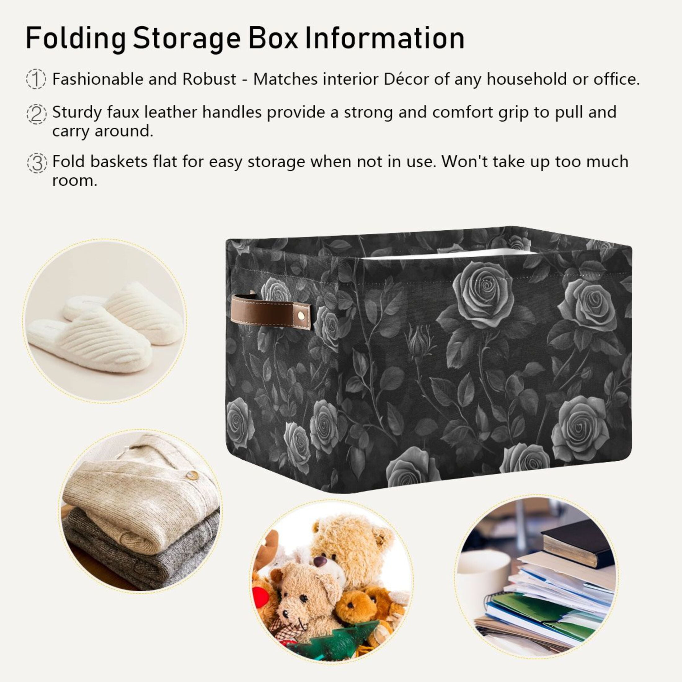 WOBOGO Black Rose Square Storage Basket with Waterproof Canvas and PE Lining Durable PU Leather Handles 14.2×10.2×8.3in