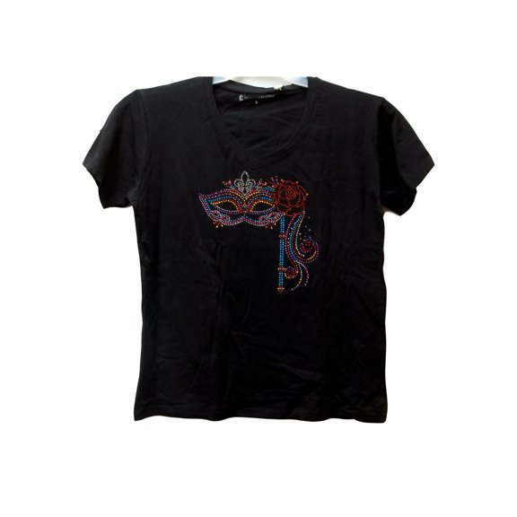 Black V Neck Knit SS T Shirt Adult Medium Rose Mask Bling Applique