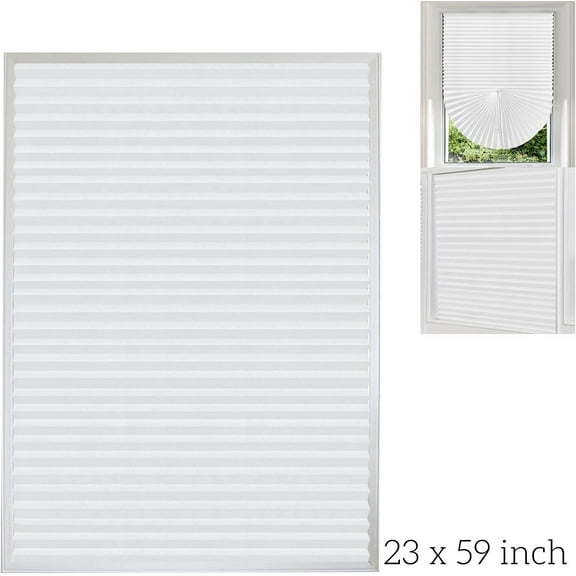 2 Pcs Temporary Blinds No Tools Cutable Fabric Paper Shades Adhesive Privacy Blinds for French Door Sliding Door Window Light Filtering Pleated Shades (23 x 59 inch, White)