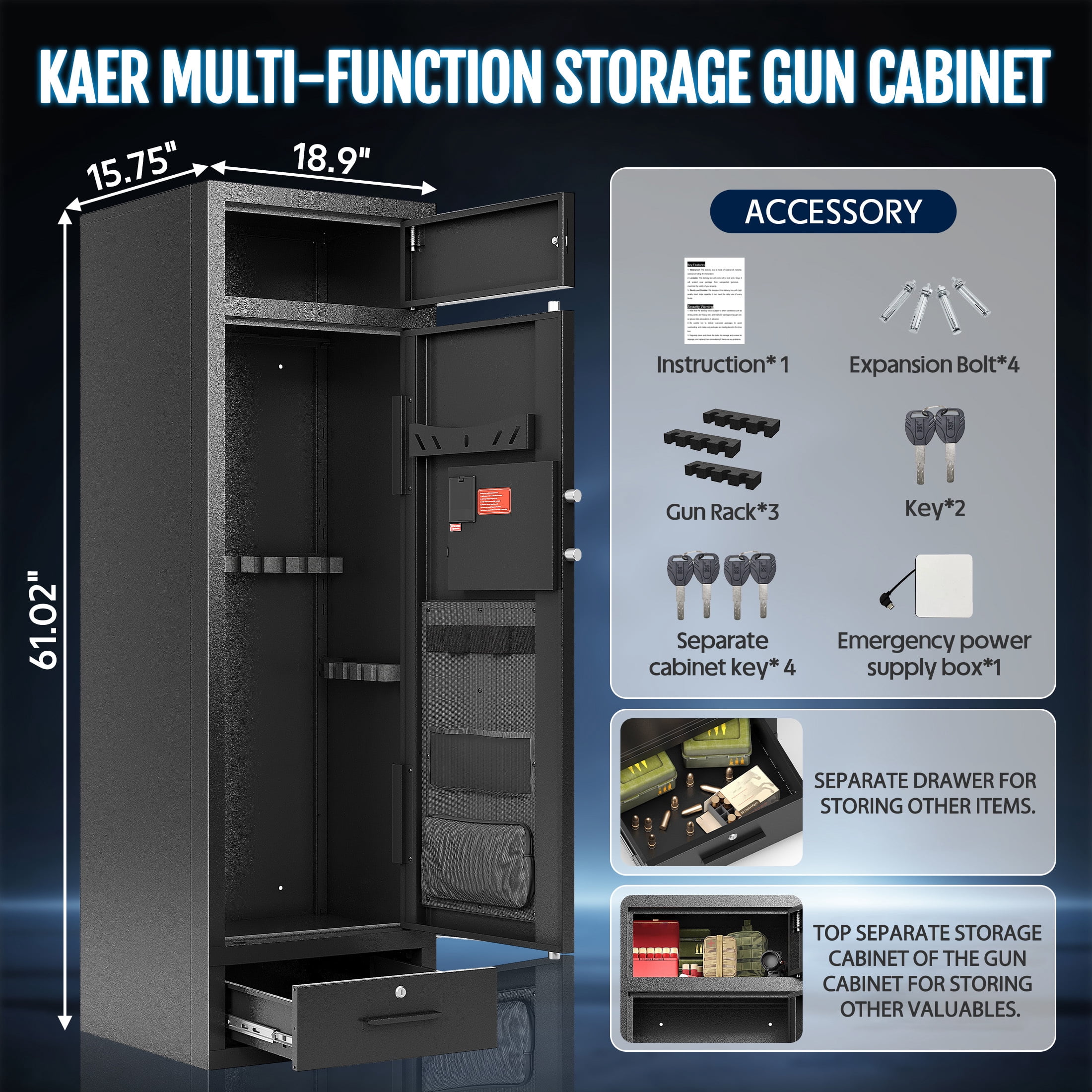KAER 8-12 Gun Safe, Large Unassembled Gun Safe for Home, Gun Cabinet with Adjustable Rifle Rack and Drawer