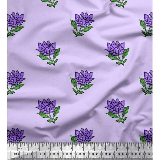 Soimoi Rayon Crepe Fabric Leaves & Lotus Block Print Fabric by The Yard 46 Inch Wide