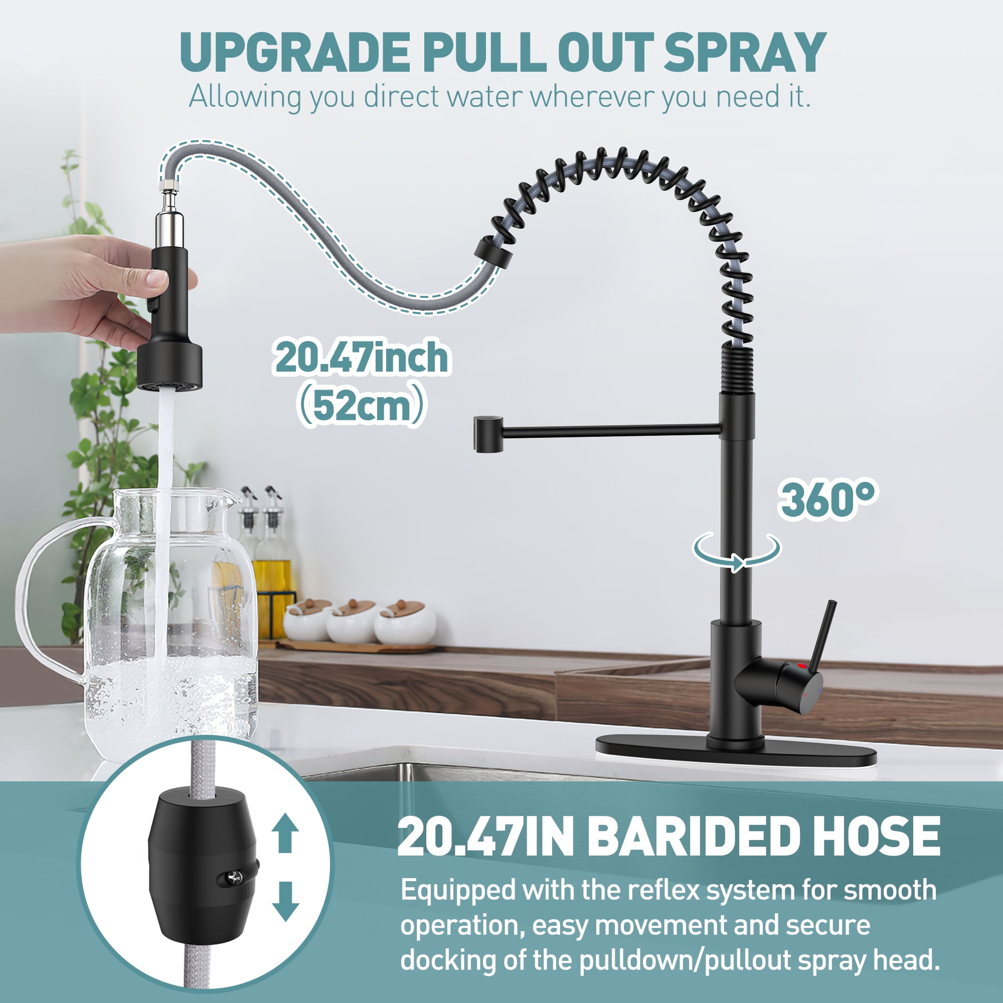 GPED Kitchen Faucet, Kitchen Sink Faucet with Soap Dispenser & Pull Down Sprayer, SUS304 Stainless Steel, Commercial Single Handle Kitchen Faucet with Deck Plate for Laundry Utility Rv,Matte Black